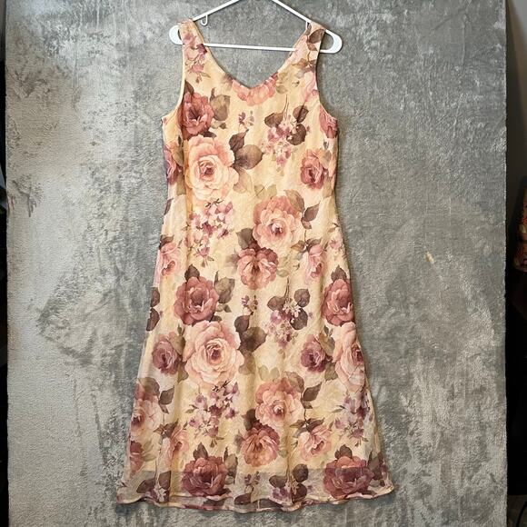 Vintage Floral Midi Dress Cottagecore Sleeveless Summer Dress Size Large 90s - Picture 1 of 6